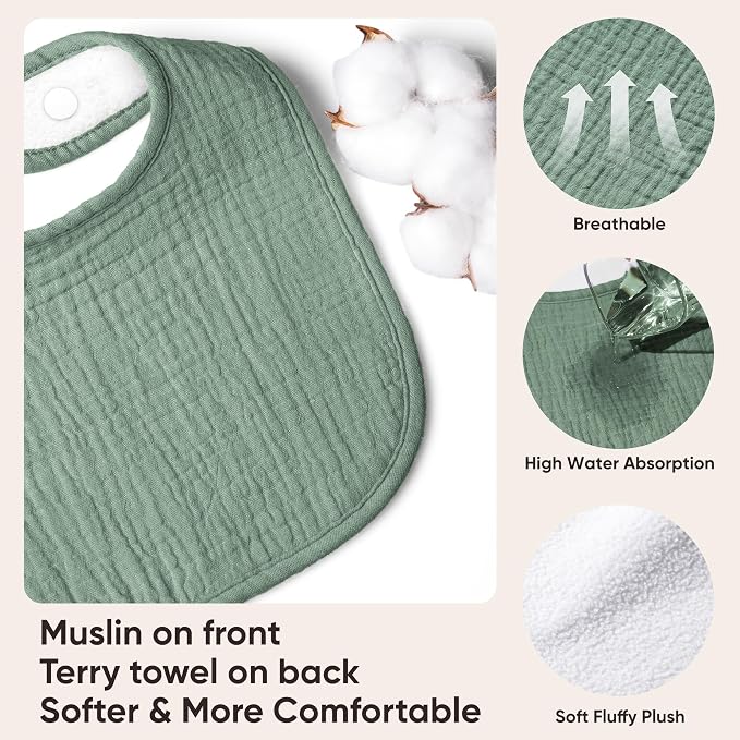 Bearmoss 100% Cotton 10 Pack Muslin Baby Bibs - Image 4