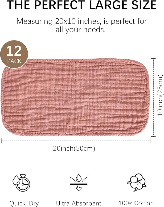 Lovely Care 12 Pack Muslin Burp Cloths 100% Cotton Muslin Cloths Large - Image 2