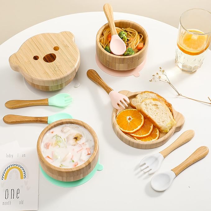 Baby Bowls with Lid,HBM Bamboo Suction Bowls for Baby and Spoon Set,3PC Feeding Supplies Set for Infant, Toddlers,Detachable Silicone Suction Stay Put Base for Wooden Bowl （Mint）