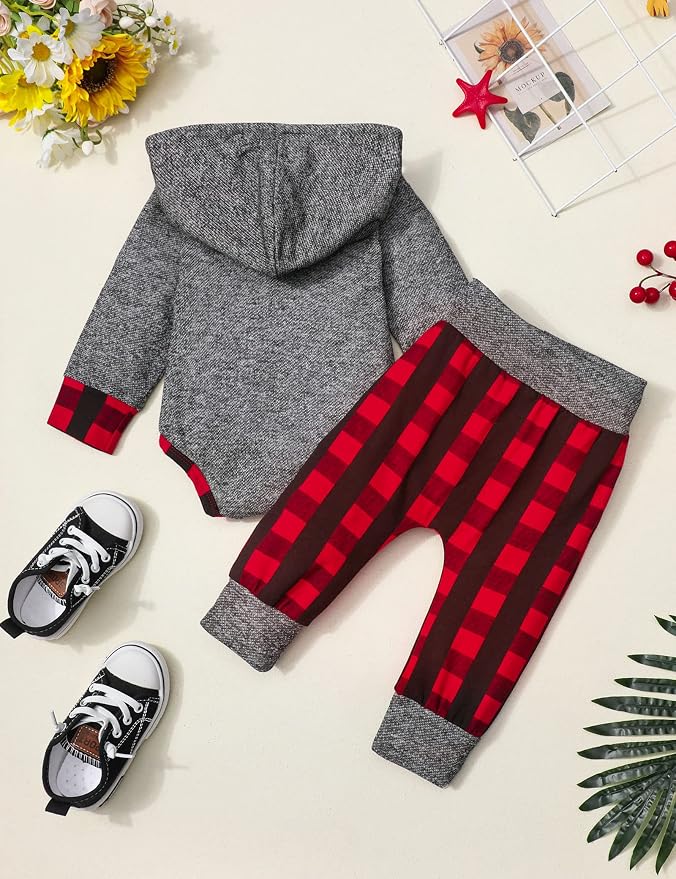 Fommy Newborn Baby Boy Clothes Plaid Letter Print Long Sleeve Hoodies + Long - Image 7
