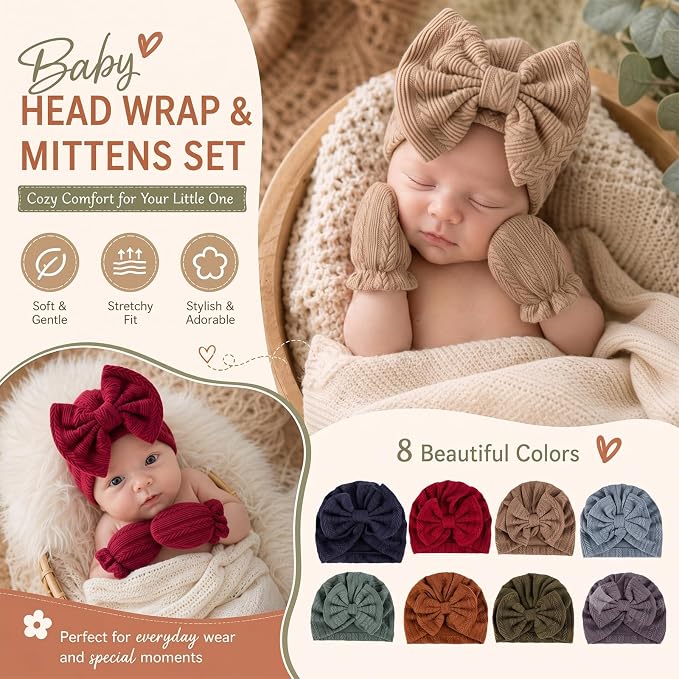 8 Sets Newborn Baby Girl Bow Hats and Mittens Turban Beanies 0-3M | Cotton - Image 6