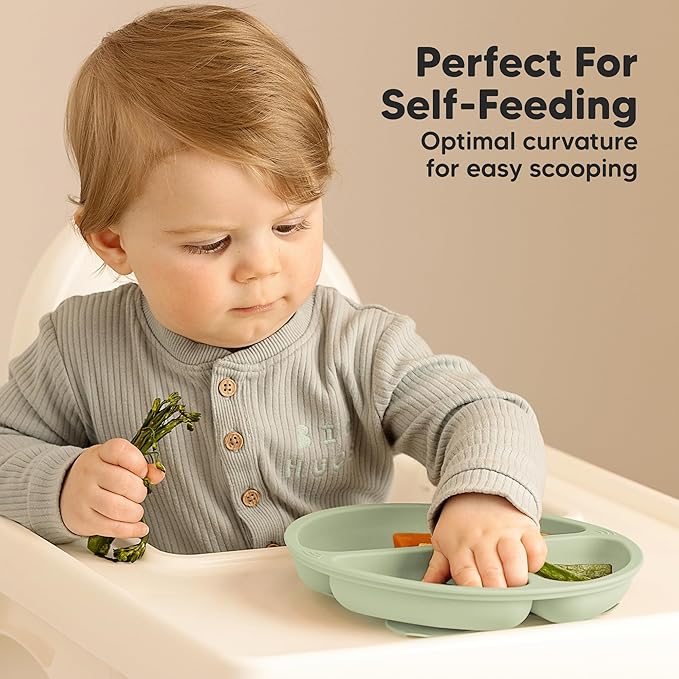 KeaBabies Suction Plates for Baby, Toddler - 3-Pack 100% Silicone Toddler Plates with Suction, Divided, BPA-Free Baby Led Weaning Essentials for Kids, Dishwasher, Microwave Safe, Durable (Sage)