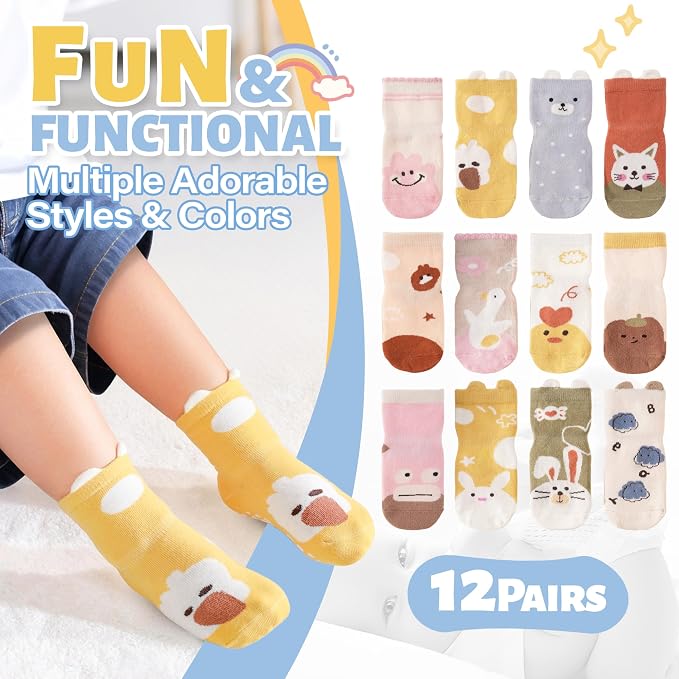 ANTSANG 12 Pairs Baby Girls Boys Toddlers Kids Crew Cotton Grips Socks | Smooth - Image 3