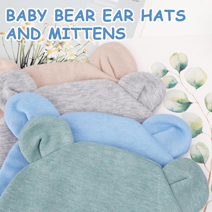 BQUBO Newborn Baby Bear Ears Hats and Mittens Sets Preemie Cotton Caps Baby Boy - Image 7
