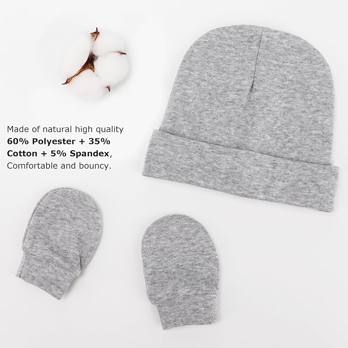 BQUBO Baby Hats and Mittens Infant Cotton Beanie Gloves No Scratch Set Newborn - Image 4