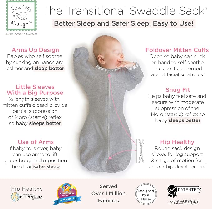 SwaddleDesigns Transitional Swaddle Sack, Arms Up Half-Length Sleeve & Mitten - Image 2