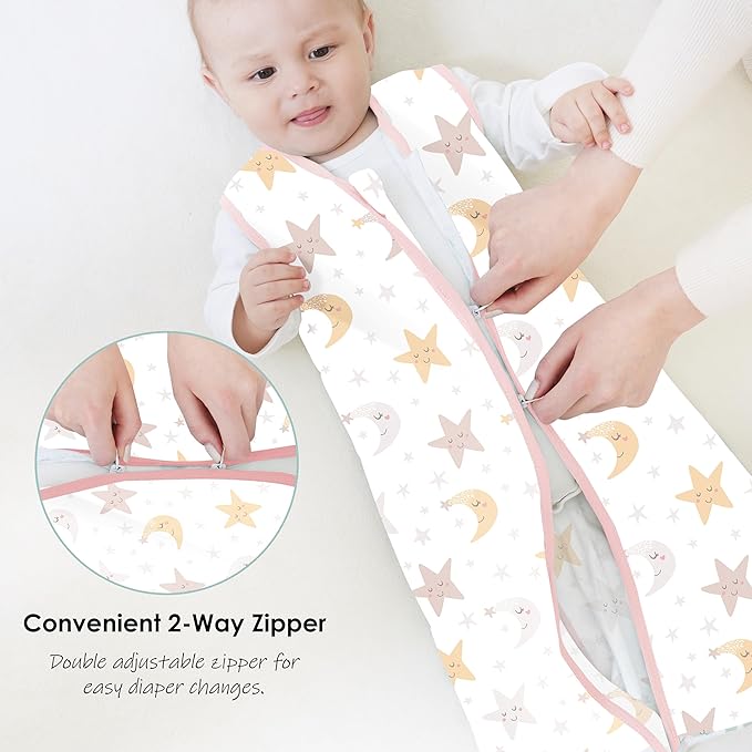 Cute Castle Baby Sleep Sack 18-24 Months - Lightweight 100% Cotton 2-Way Zipper TOG 0.5 Infant Wearable Blanket, Newborn Essentials Toddler Sleep Clothes, 3 Pack(Pink, Moon, Stars)