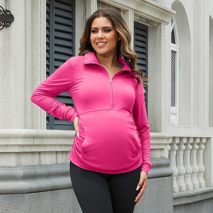 GINKANA Maternity Women's Long Sleeve Shirt Half Zipper Lapel Lightweight Casual Maternity Pullover with Pockets