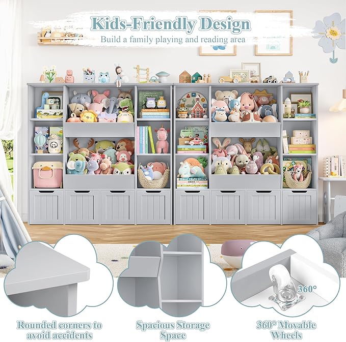 FINETONES Toy Organizers and Storage with 4 Movable Drawers, Large Toy Storage Organizer with 8 Open Storage Cubbies, Kids Bookshelf and Toy Storage with Hidden Wheels for Playroom, Kids Room,Grey