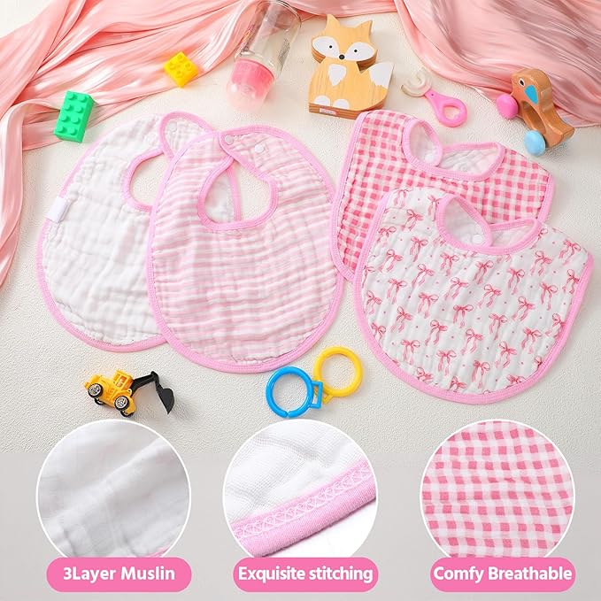 4 Piece Drooling Bibs for Baby Boys Girls,Soft Triple Layer Cotton Muslin, Adjustable Newborn Bibs for Drooling