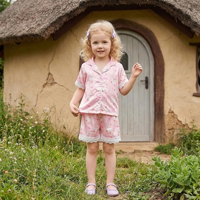 Kuriozud Toddler Baby Girl Pajamas Set Summer Floral Short Sleeve Button Down - Image 2