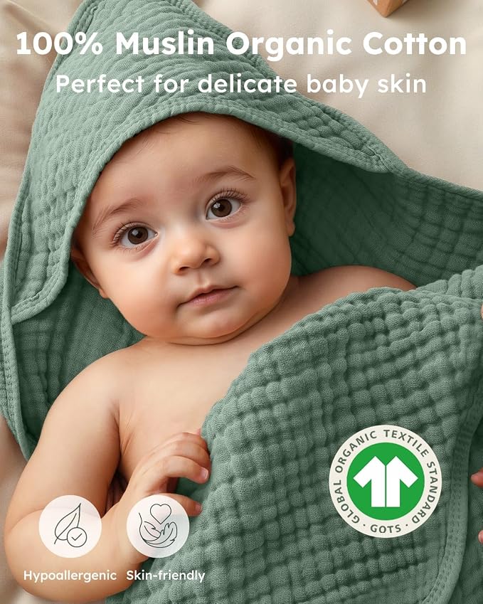 Yoofoss Hooded Baby Bath Towels 2 Pack 100% Muslin Organic Cotton - Image 2