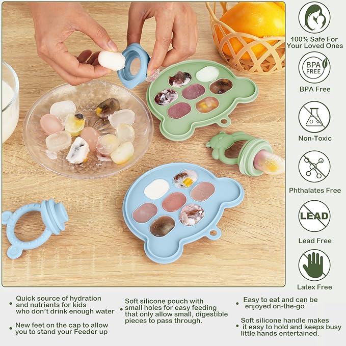 Baby Breastmilk Popsicle Molds & Baby Fruit Feeder (6 Pack), WAJIAYON Baby Food Freezer Tray Storage Containers, Silicone Teething Pacifier Feeder and Teether for Babies,Moss and Fawn Baby Feeder
