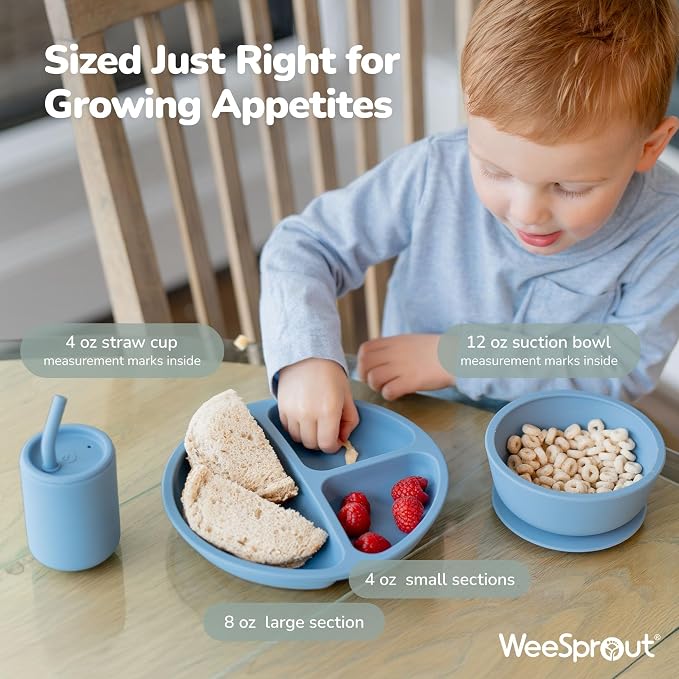 WeeSprout Baby Led Weaning Bundle, Silicone Suction Bowl, Bib & Cup, Develops - Image 3