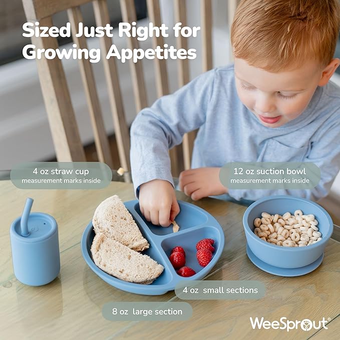 WeeSprout Baby Led Weaning Bundle, Silicone Suction Bowl, Bib & Cup, Develops - Image 3