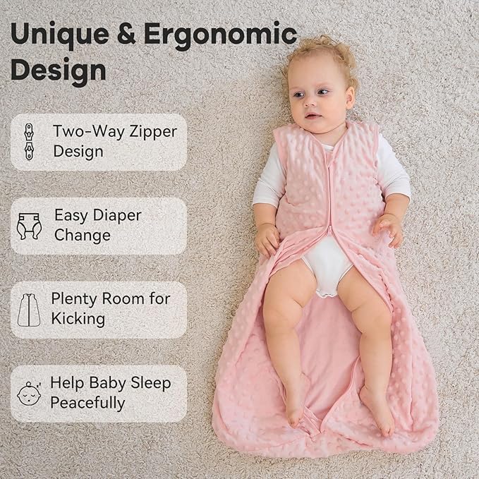 Fleece Baby Sleep Sack 6-12 Months with Plush Dots 1.5 Tog Baby Wearable Blanket with 2-Way Zipper Warm Sleeping Sack for Toddler Infant Newborn - Medium, Pink