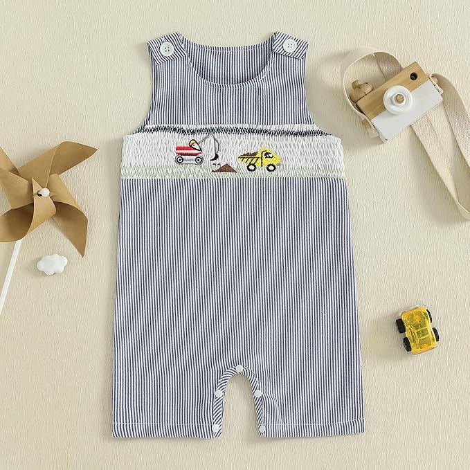 Newborn Baby Boys Sleeveless Seersucker Romper One Piece Straps Overalls - Image 2
