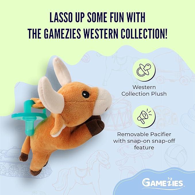 Gamezies Baby Boy and Girl Silicone Longhorn Plush Pacifier with Detachable Western Plush Toy Holder, CPSIA Tested, BPA-Free 0-6 Months