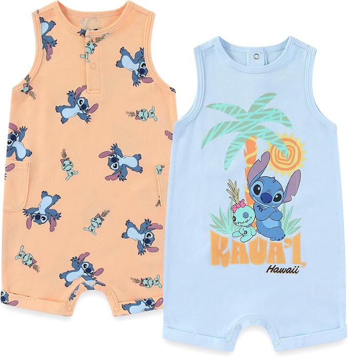Disney Cars Pooh Mickey Stitch Baby Boys 2 Pack Romper by Disney