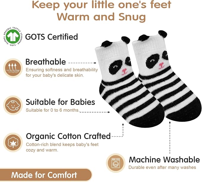 GOTS Organic Cotton Blend 7 Baby Socks 0-6 Months Animal Design Non Slip - Image 2
