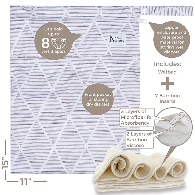 Nora's Nursery Cloth Diapers 7 Pack with 7 Inserts & 1 Wet Bag - Waterproof Cover, Washable, Reusable & One Size Adjustable Pocket Diapers for Newborns and Toddlers - Earthy Boho