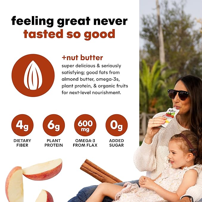 Noka Superfood Fruit Smoothie Pouches, Organic Applesauce Pouches with Apple, Cinnamon & Almond Butter, Healthy Snacks with Organic Fruits, Plant Protein, Fiber & Flax Seed, 4.22 oz (Pack of 12)