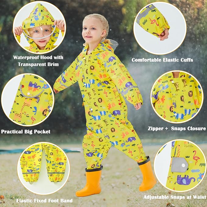 Fewlby Kids Toddler Rain Suit for Boys Girls One Piece Hoodie Zipper Cartoon - Image 2