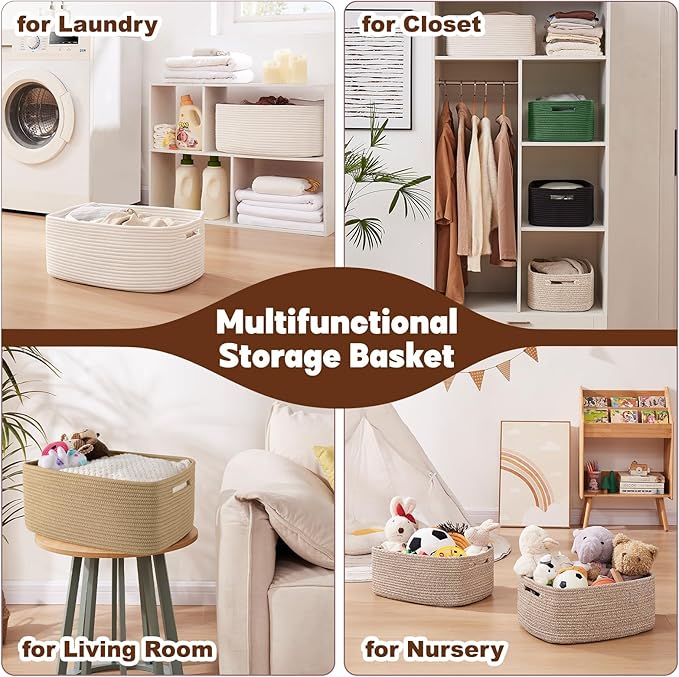 OIAHOMY Storage Basket for Shelves, Closet Cube Storage Bins Baskets for Clothes Blanket Towels, Baby Nursery, Toy Baskets Box, Woven Rope Basket, 17.72*12.99*7.87 IN, 2 Packs White