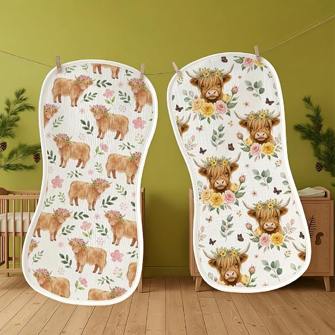 6 Pack Baby Burp Cloths for Boys Girls, Soft Cotton, Highland Cow Floral Theme - Image 3