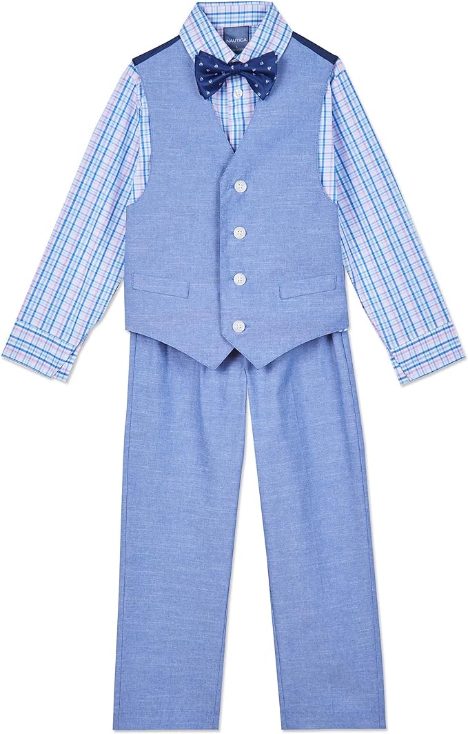 Nautica Boys' 4-Piece Formal Suit Set with Vest, Pants, Collared Dress Shirt, and Tie