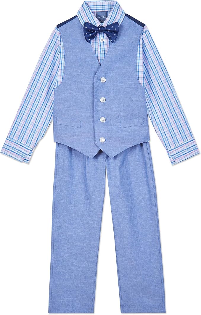 Nautica Boys' 4-Piece Formal Suit Set with Vest, Pants, Collared Dress Shirt, and Tie