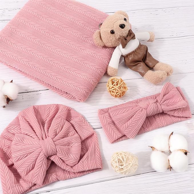 AQOKKA Newborn Receiving Blanket Wheat Ear Bow Hat Hairband Set - Image 6