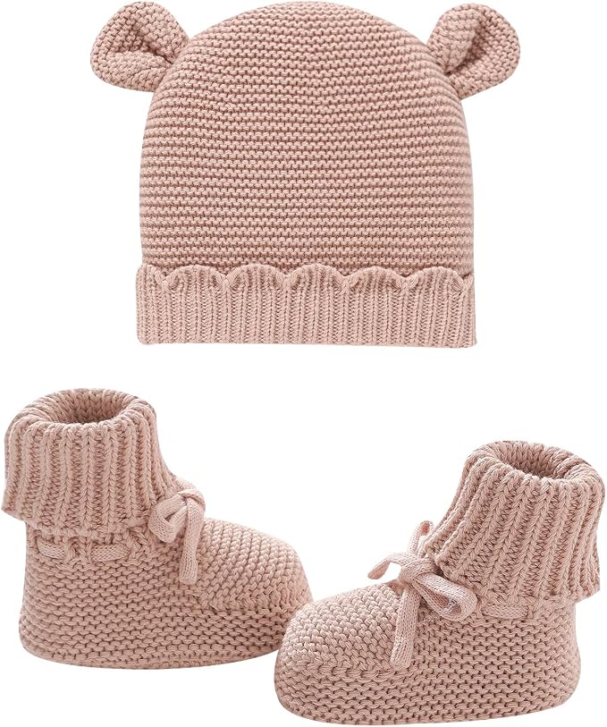 Hadetoto 100% Organic Cotton Baby Beanie and Booties Set | Newborn, Knit Sock by Hadetoto