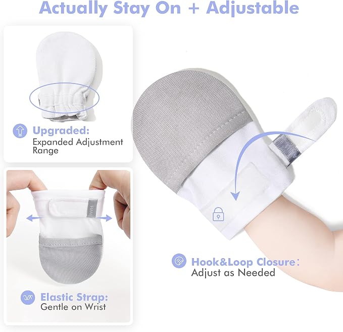 Baby Newborn No Scratch Mittens Stay On, 100% Cotton Adjustable 0-12M | Soft - Image 3