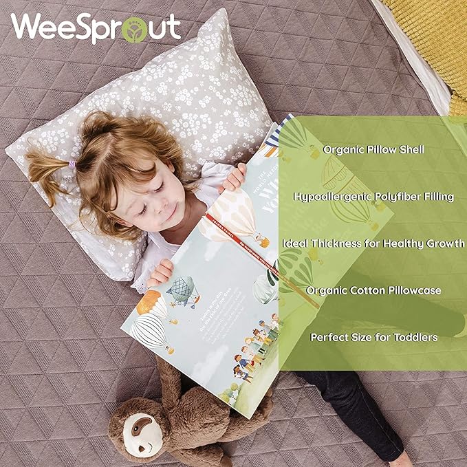WeeSprout Toddler Polyester Organic Cotton Shell and 2 Pillowcases, Small Kids Pillow, Soft and Supportive Polyfiber Filling, Machine Washable, 18 x 13 x 3 (White + Floral Print, 3 Piece Set)