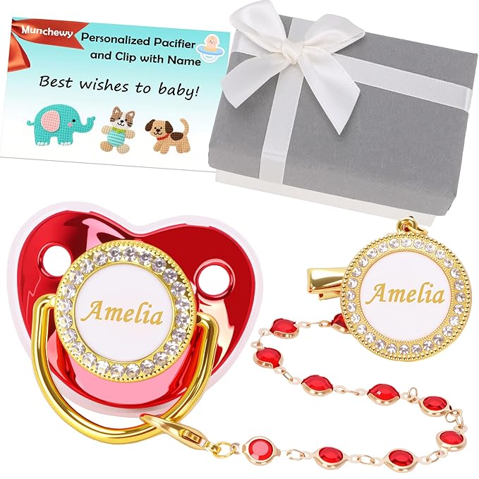 Customized Pacifier with Name, Personalized Pacifier Clip Set with Gift Box, Glitter Crystal Luxury Bling Soother Dummy, Ideal Gift for Girls Baby Shower Newborn Photography(Red)