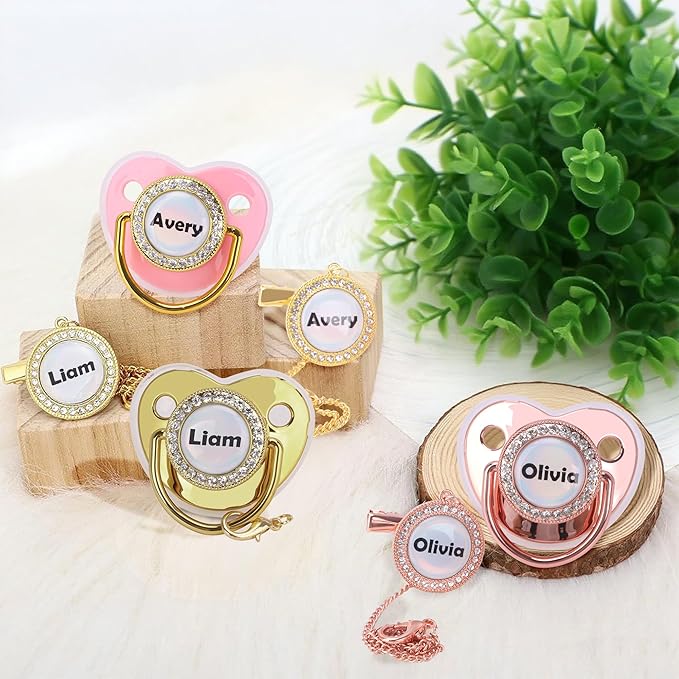 Personalized Pacifier with Name, Customized Pacifier Clip Set with Gift Box, Bling Crystal Soother, Ideal Gift for Boys Baby Shower Birthday Christmas Newborn Photography(Bling Blue)
