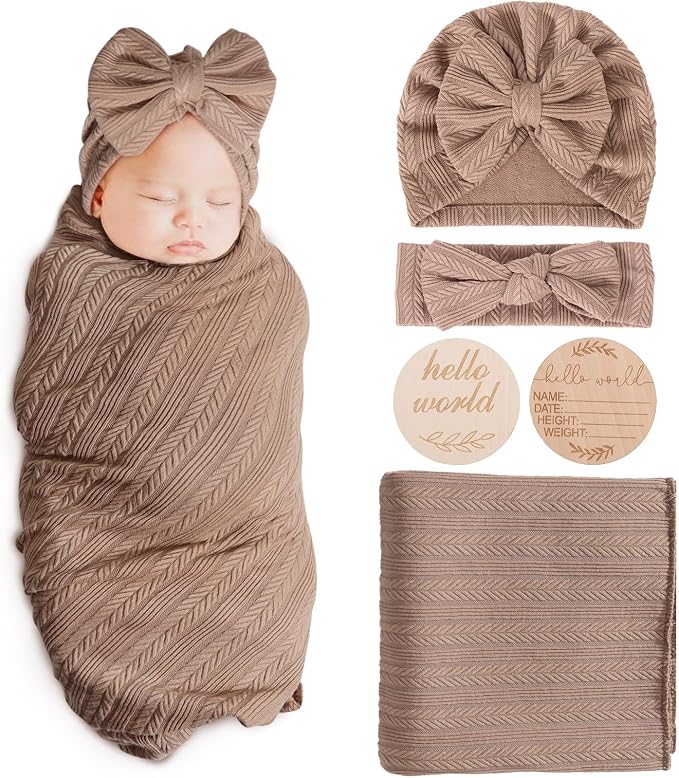 AQOKKA Newborn Receiving Blanket Wheat Ear Bow Hat Hairband Set by AQOKKA
