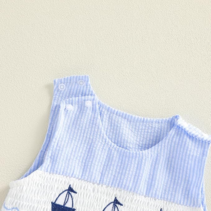 Newborn Baby Boys Sleeveless Seersucker Romper One Piece Straps Overalls - Image 5