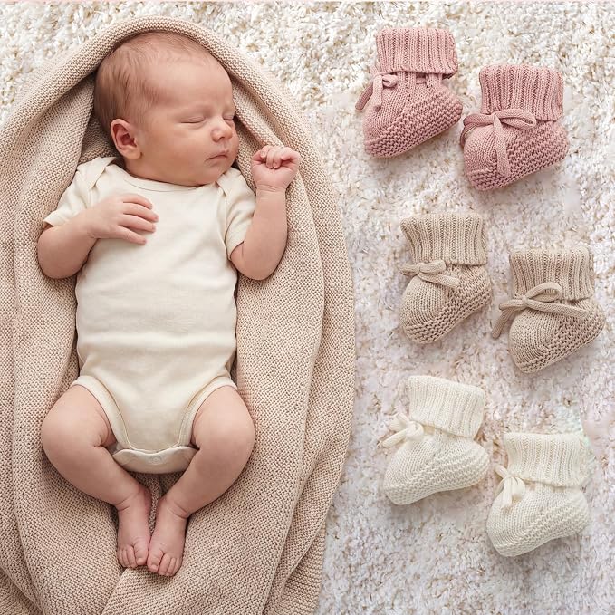 Evervibe 3 Pair Knitted Baby Booties | 100% Cotton, 0-6 Months Newborn - Image 2