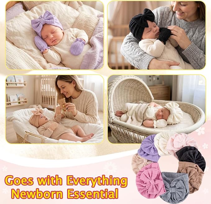 8 Sets Newborn Baby Girl Bow Hats and Mittens Turban Beanies 0-3M | Cotton - Image 5