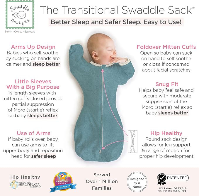 SwaddleDesigns Transitional Swaddle Sack, Arms Up Half-Length Sleeve & Mitten - Image 2