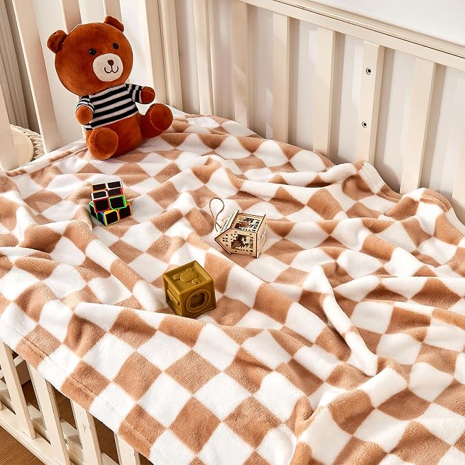 Yurhap Checkered Baby Blanket Fleece Baby Blankets Neutral - Image 2