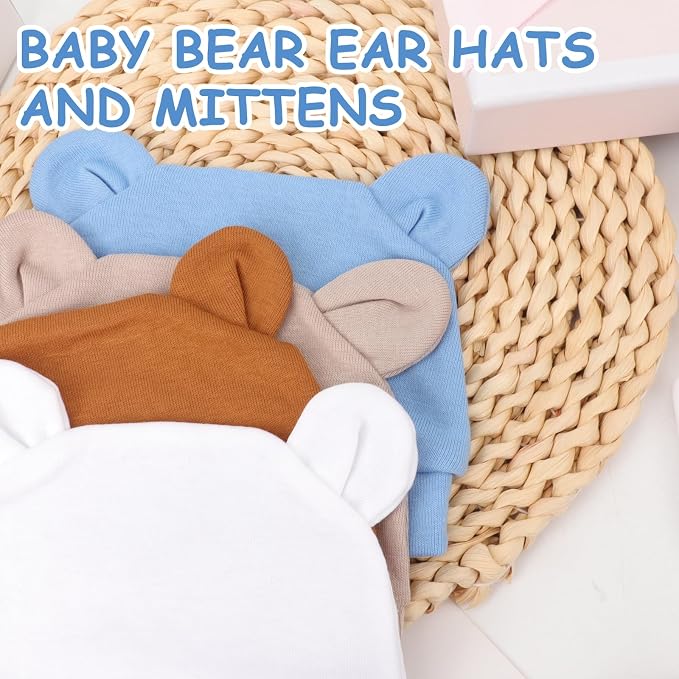 BQUBO Newborn Baby Bear Ears Hats and Mittens Sets Preemie Cotton Caps Baby Boy - Image 6