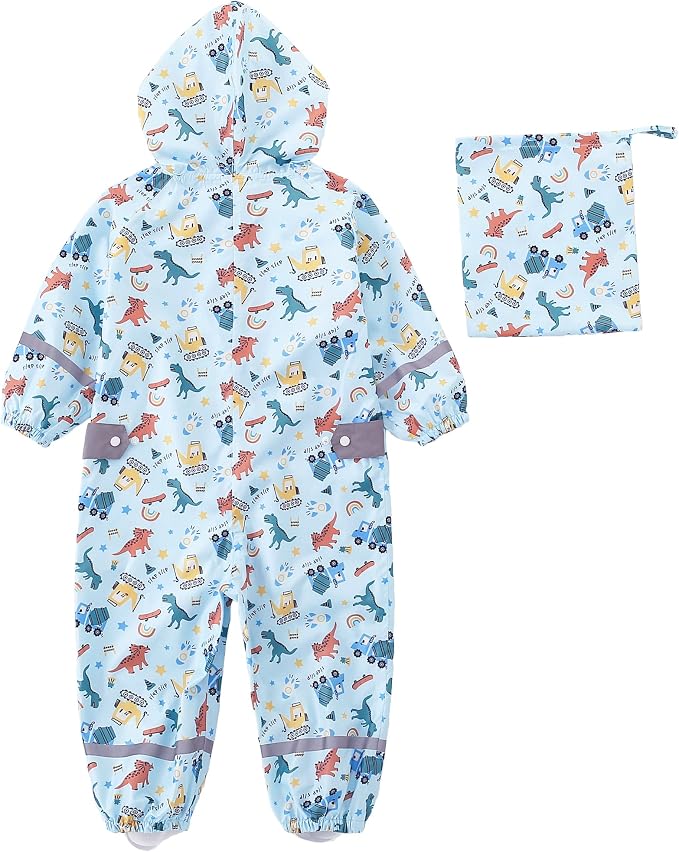 Fewlby Kids Toddler Rain Suit for Boys Girls One Piece Hoodie Zipper Cartoon - Image 6