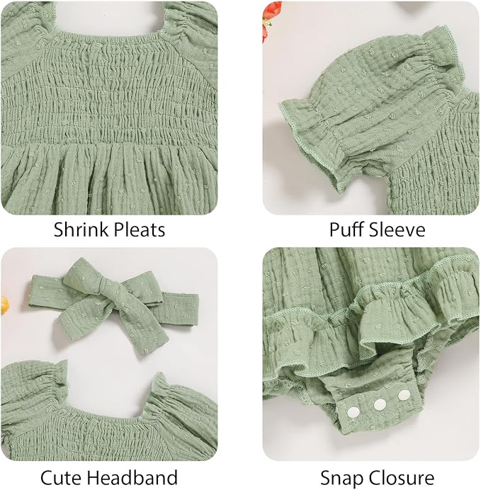 GRNSHTS Baby Girl Romper Dress, Puff Sleeve Smocked Outfit - Image 5