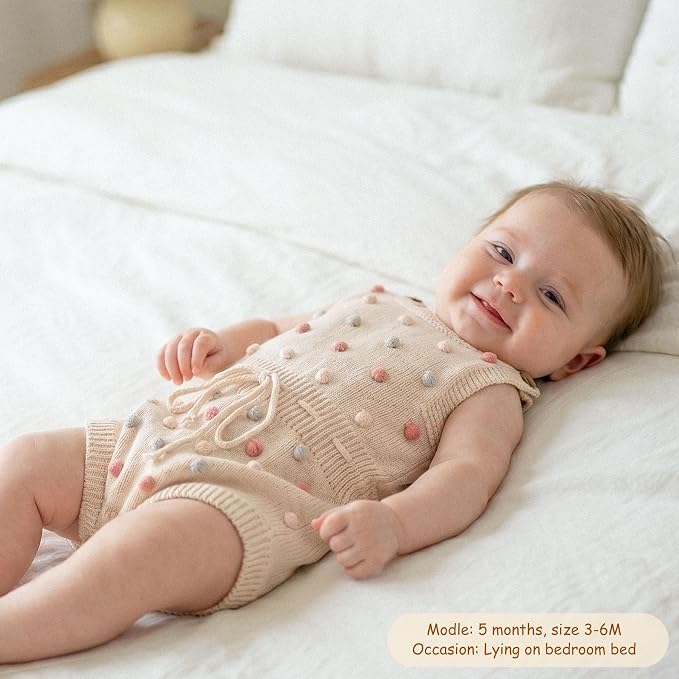 Simplee kids Baby Girl Romper, Sleeveless Pompoms Square Neck | Soft Breathable - Image 5