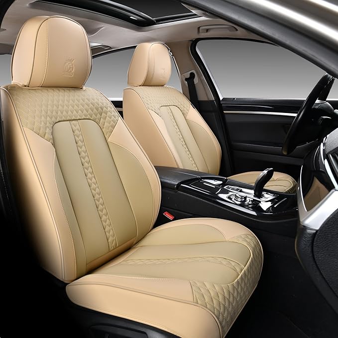 Doogo Car Seat Covers Full Set, Leather Seat Covers 5 Seats, Waterproof Car Seat Cushions, Auto Front and Rear Seat Protectors Automotive Covers Fit for Most Cars-Beige