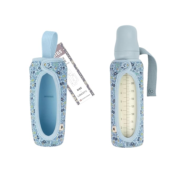 BIBS x Liberty Baby Bottle Cover Large 225ml - Neoprene Protective Cover for BIBS Bottles - Liberty Print Design, Large, Charmomile Lawn Baby Blue