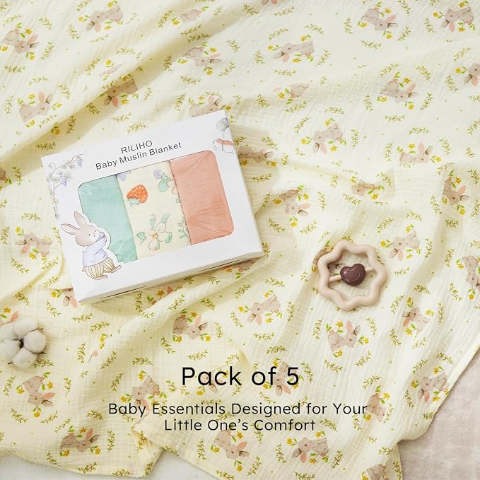 RILIHO 5 Pack Muslin Swaddle Blankets & Baby Burp Cloths, Soft & Breathable - Image 7
